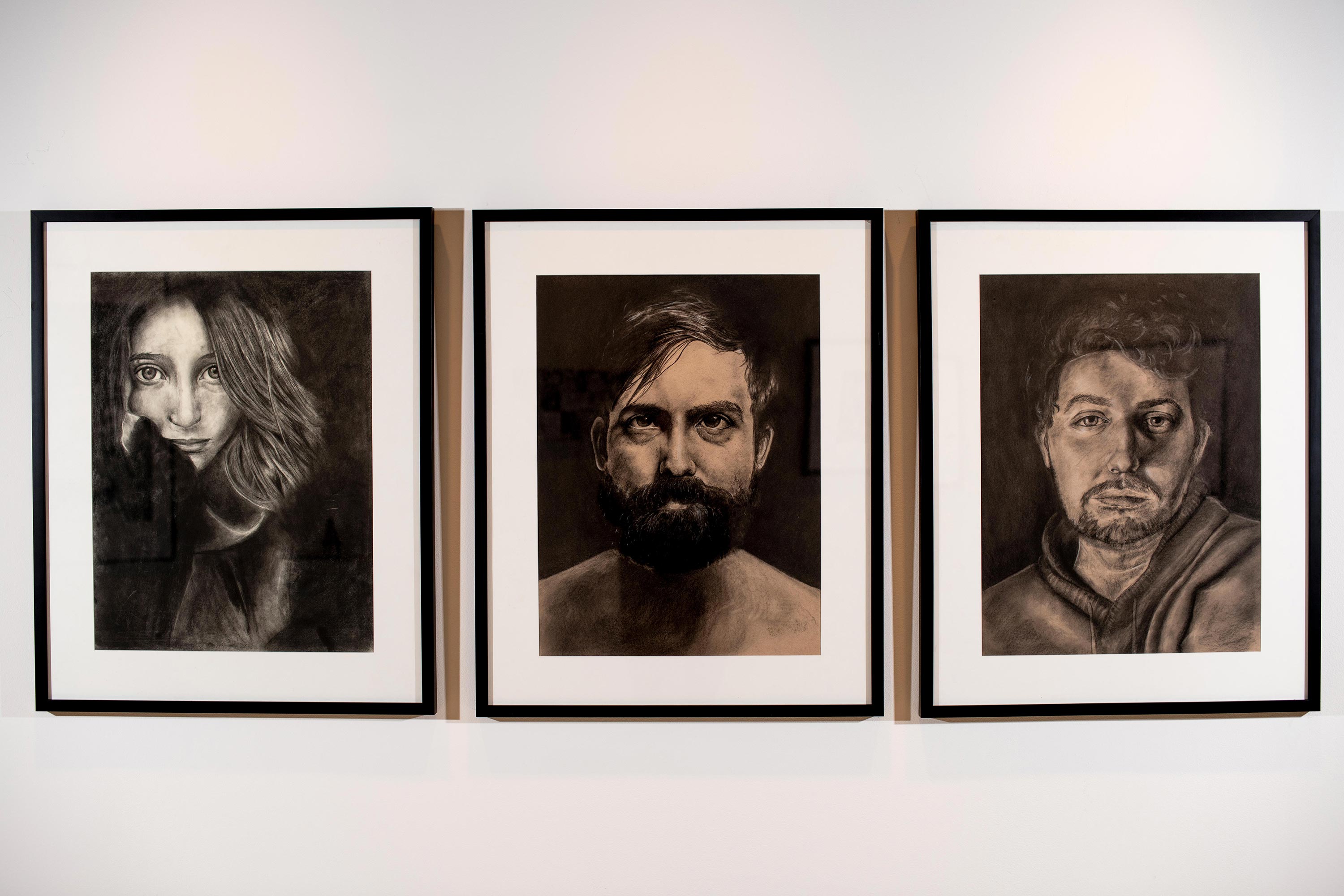 (from left to right) I.S., A.C.P., C.A.F. by Maya Silver [Charcoal/Paper, 2015-2018]